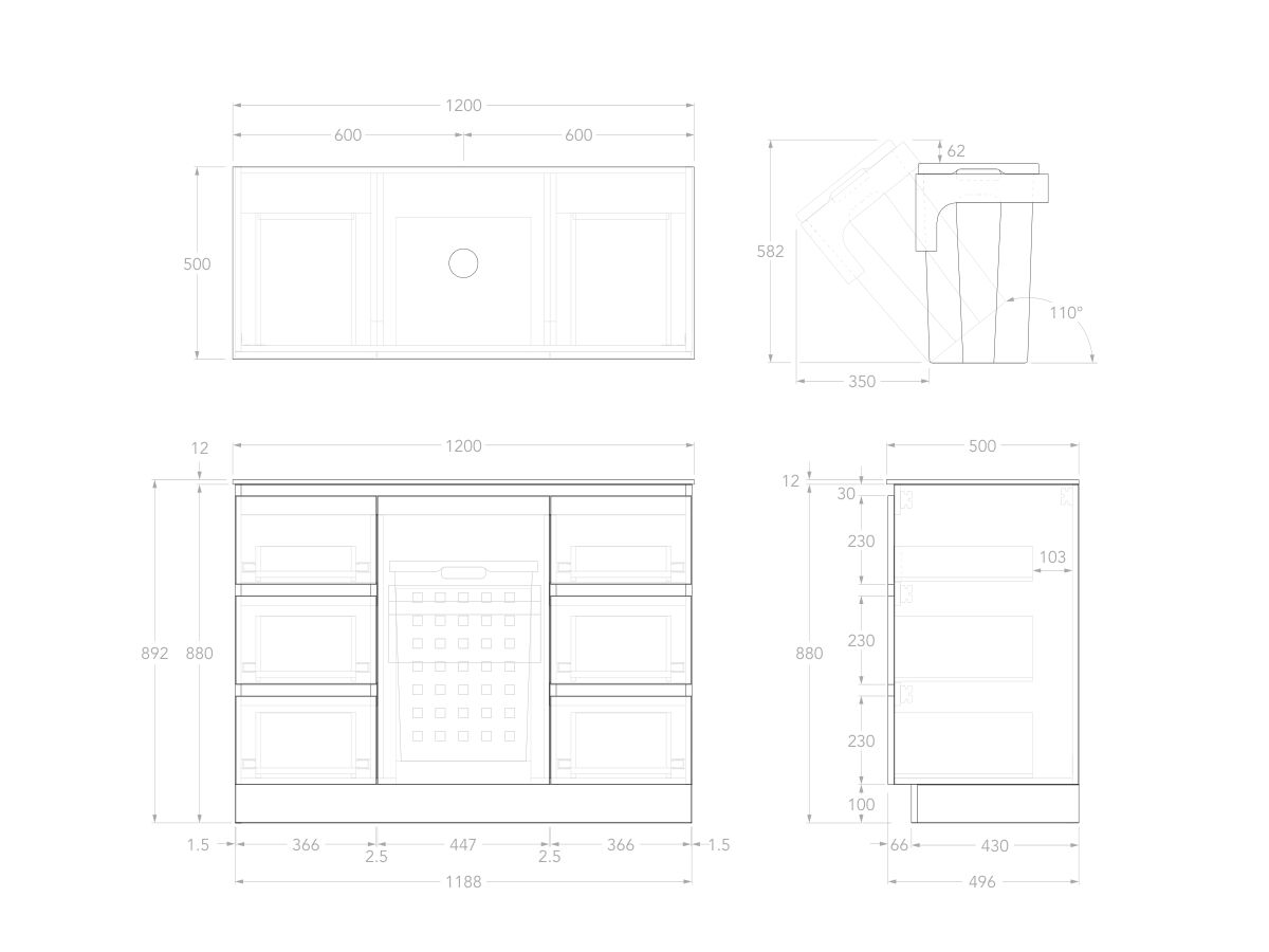 Technical Image - Posh Domaine Plus Hamper 1200 Floor Mounted Centre Bowl 12mm Durasein Top