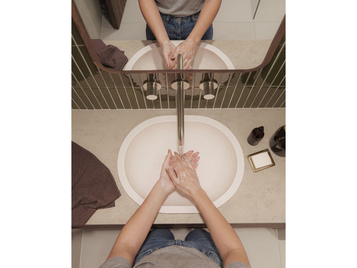 In Situ - Mizu Drift Dial Wall Basin/Bath Set 200mm in Brushed Nickel, Omvivo Villa Oval Semi Inset Basin 485mm White Haven and Kado Lux Framed Mirror Shaving Cabinet 450mm x 900mm