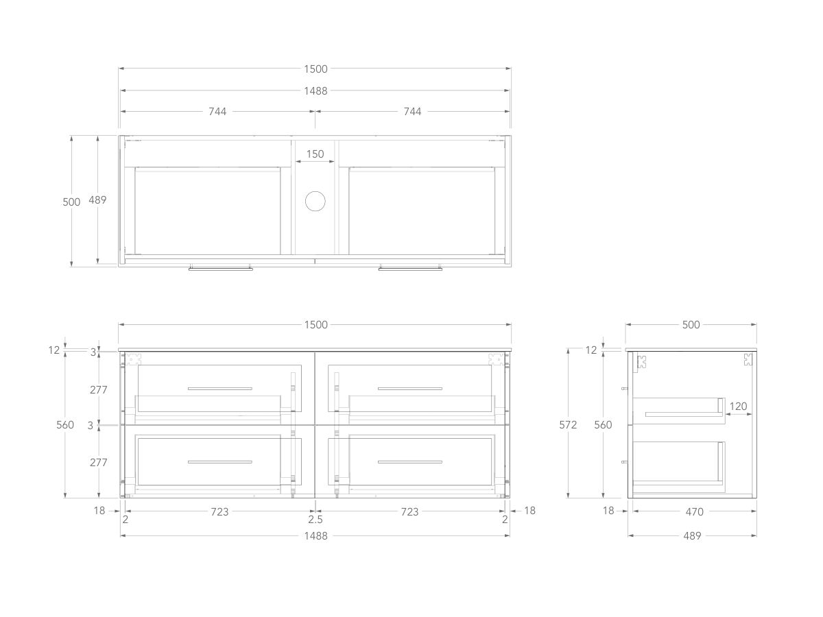 Technical Drawing - Kado Lux 1500mm All Drawer Wall Hung Vanity Unit 4 Drawers Centre Bowl Vanity 12mm Durasein Top