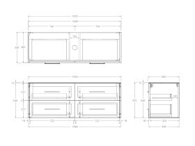 Technical Drawing - Kado Lux 1500mm All Drawer Wall Hung Vanity Unit 4 Drawers Centre Bowl Vanity 12mm Durasein Top