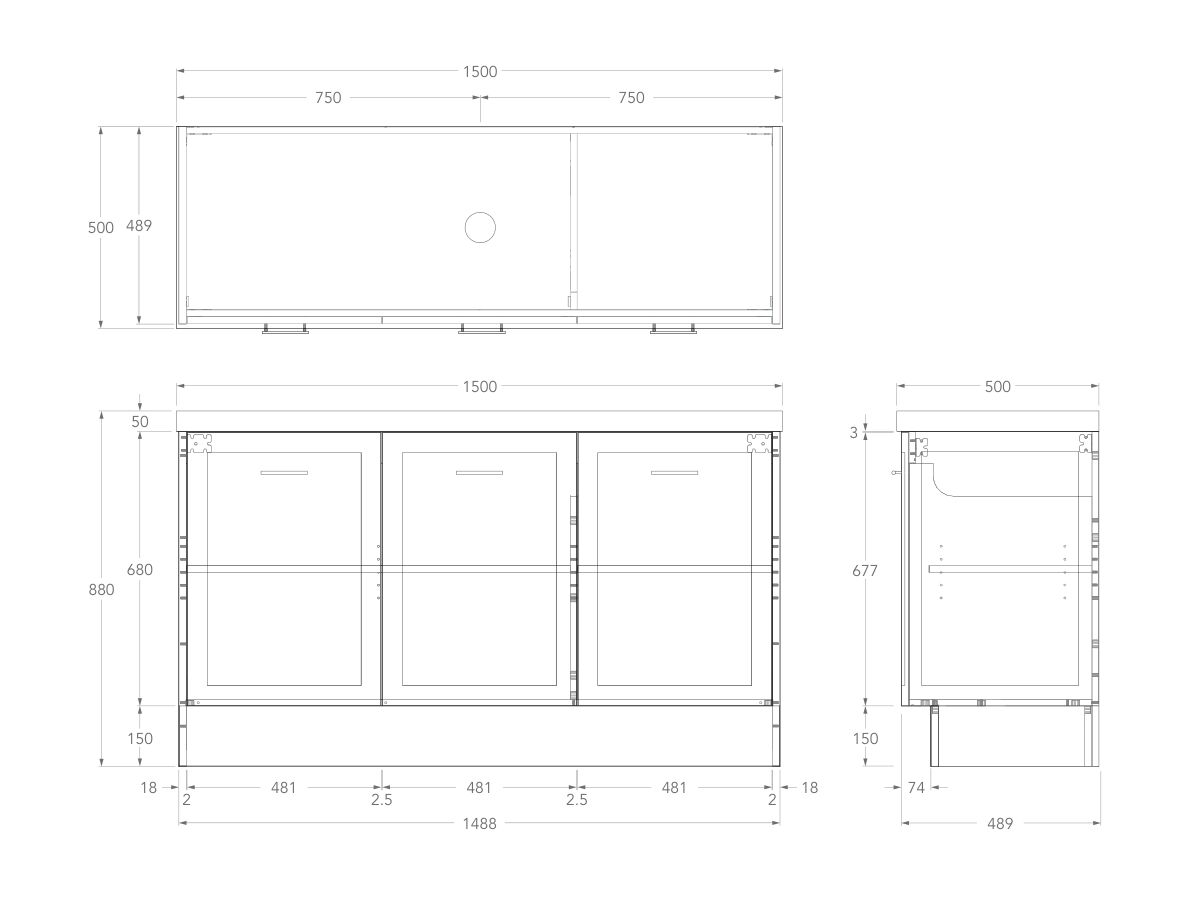Technical Drawing - Kado Lux All Door 1500mm Centre Bowl Floor Mount 50mm Top