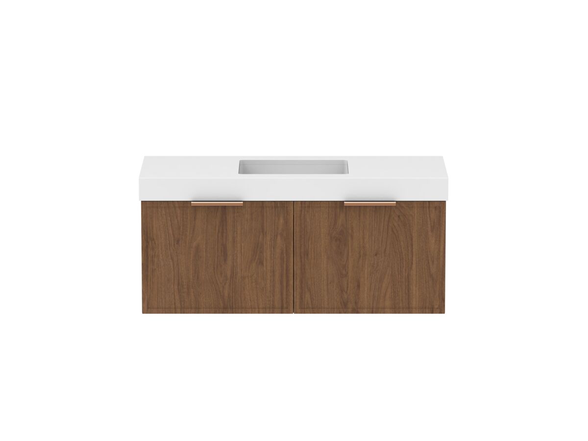 Supporting Image - Kado Lux Slim All Drawer 1200mm Wall Hung Vanity with Centre Basin 90mm Top Florentine Walnut
