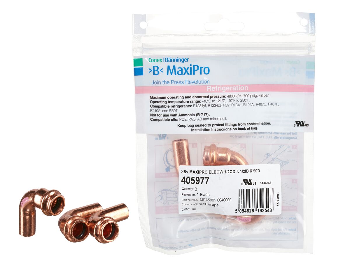 >B< Maxipro Elbow 90 Degree x 1/2" OD x 1/2" ID Bag of 3