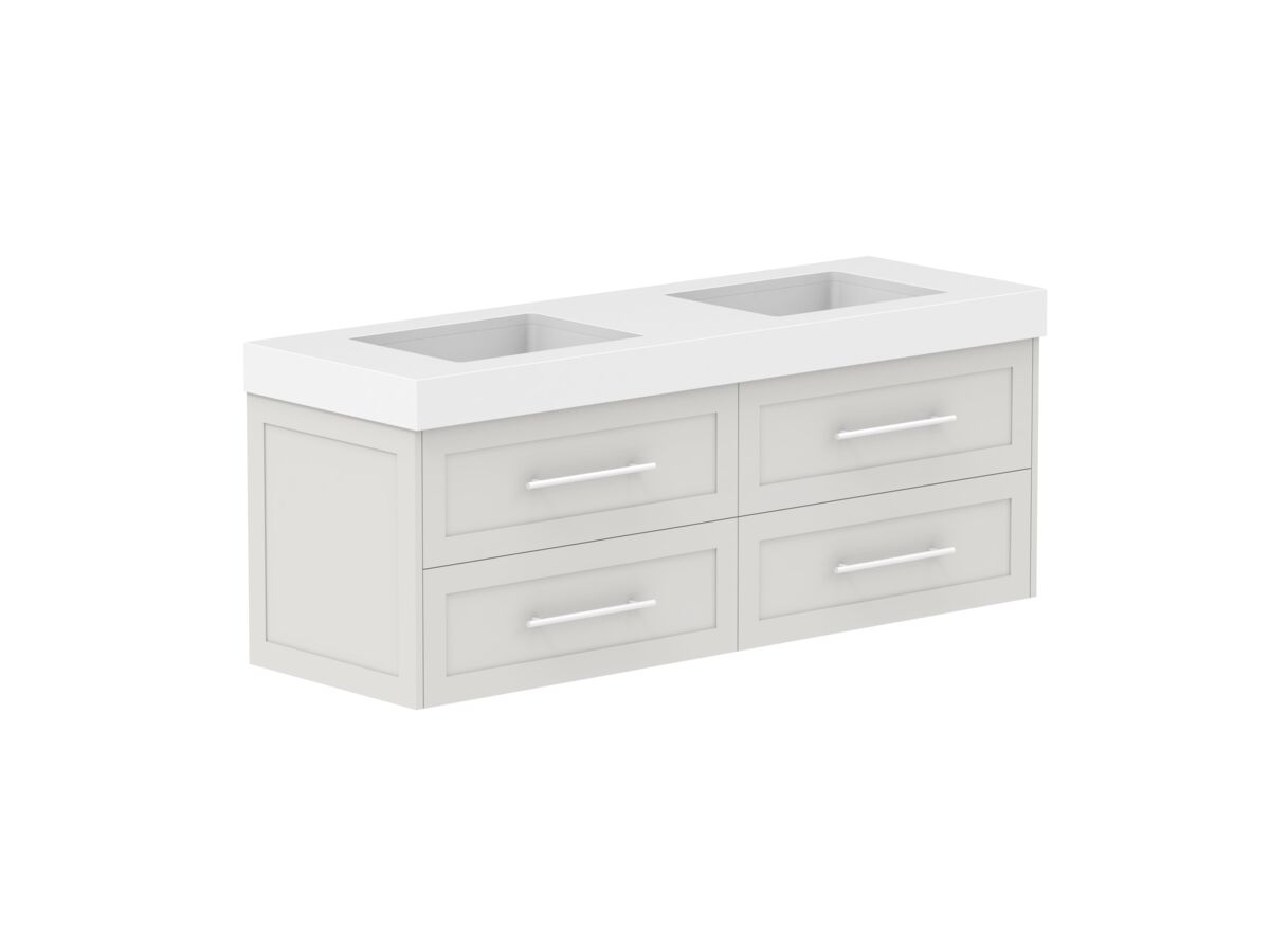 Supporting Image - Kado Lux All Drawer 1500mm Wall Hung Vanity Double Basin 90mm - Feather Grey - Angle