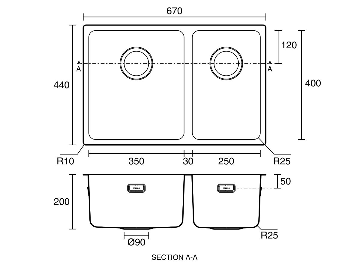 Technical Drawing - Memo Oscar Inset/Undermount 1 & 1/2 Bowl Sink Overflow No Taphole