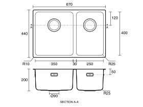 Technical Drawing - Memo Oscar Inset/Undermount 1 & 1/2 Bowl Sink Overflow No Taphole