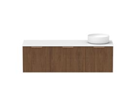 Supporting Image - Kado Neue Fluted Square All Drawer 1500mm Wall Hung Vanity with Right Hand Basin 20mm Top Florentine Walnut