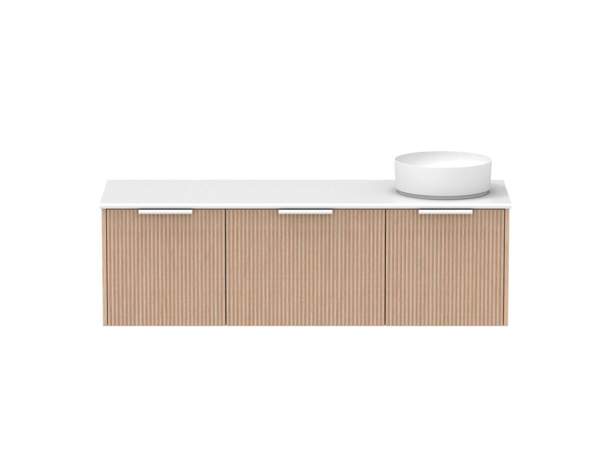 Supporting Image - Kado Neue Fluted Square All Drawer 1500mm Wall Hung Vanity with Right Hand Basin 20mm Top Blonde Oak
