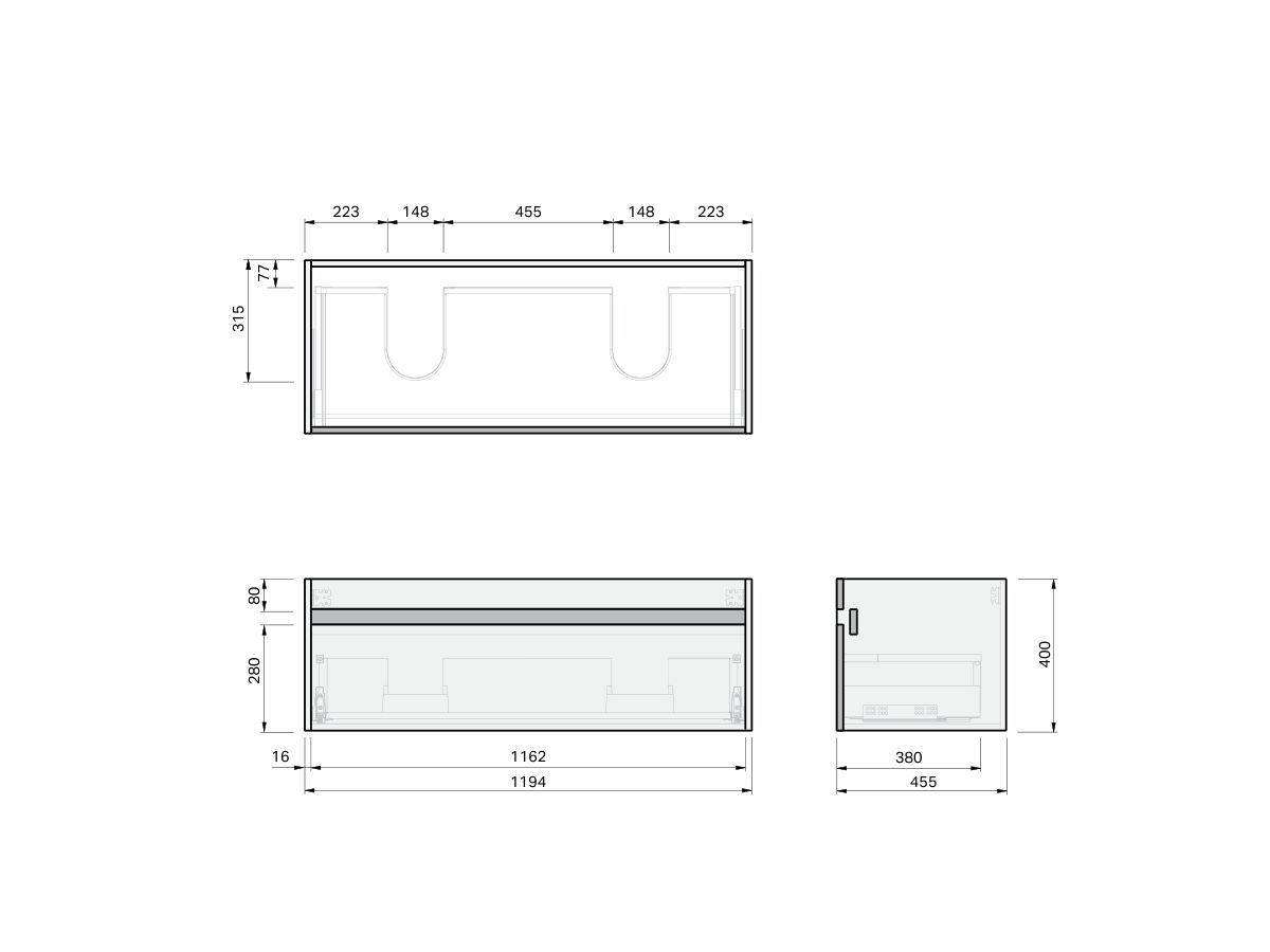 Technical Drawing - Posh Domaine Single 1200 Double Bowl 1 Drawer Wall Hung Vanity Mineral Cast