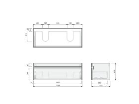 Technical Drawing - Posh Domaine Single 1200 Double Bowl 1 Drawer Wall Hung Vanity Mineral Cast