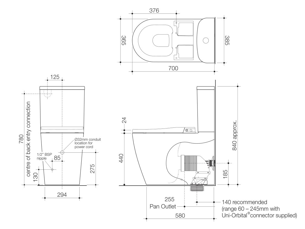 Technical Drawing - Caroma Forma II Bidet Cleanflush Close Coupled Back to Wall Back Entry Overheight Toilet Suite Gloss White (4 Star)