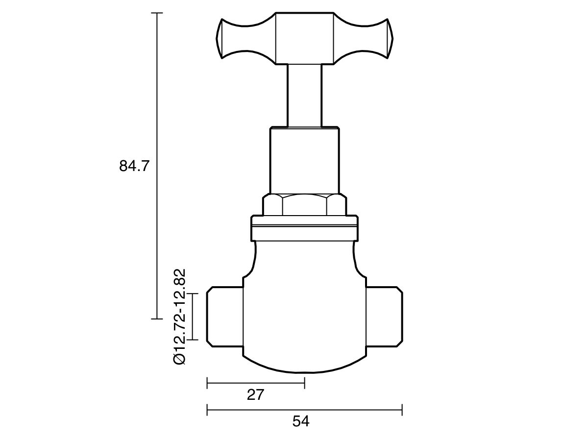 Technical Drawing - Dura Stop Tap Capillary T-Head Rough Brass 15mm Lead Free