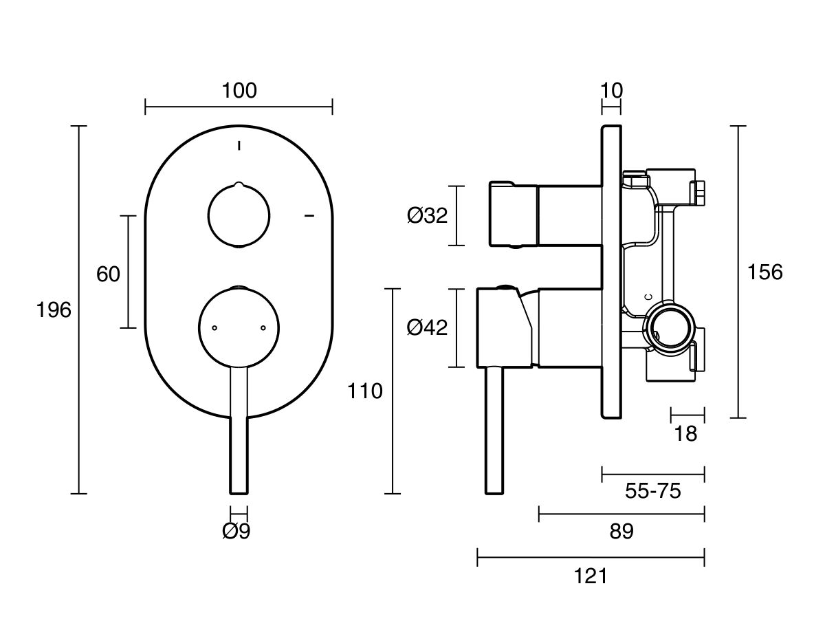 Technical Drawing - Posh Bristol Pin Shower Mixer with Diverter Lead Free