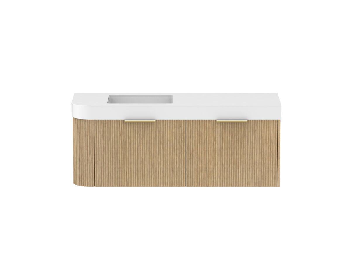 Supporting Image - Kado Neue Fluted Single Curve All Drawer 1350mm Wall Hung Vanity with Left Hand Basin Durasein 90mm Top Boston Oak