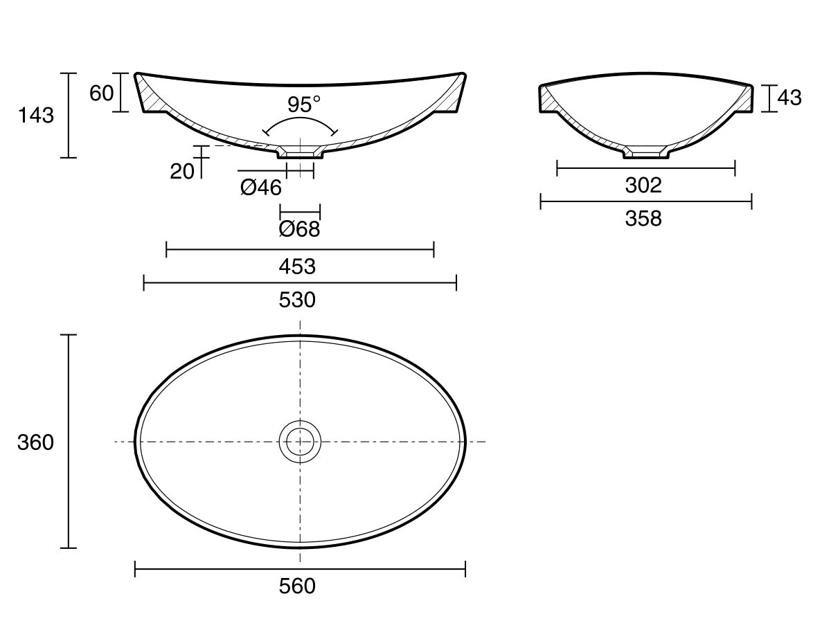 Kado Neue Oval Semi Inset Basin No Taphole 560mm
