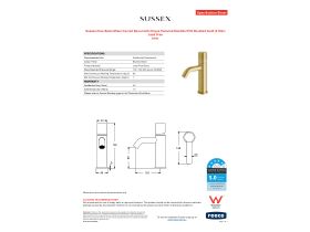 Specification Sheet - Sussex Pure Basin Mixer Curved Spout with Cirque Textured Handles PVD Brushed Gold (5 Star) Lead Free
