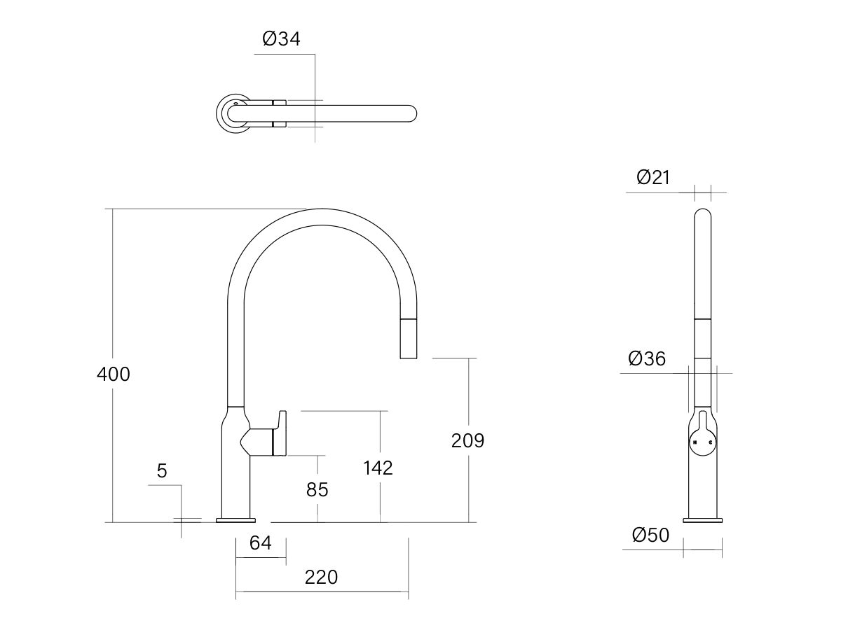 Technical Drawing - Faucet Strommen Vara Fin Gooseneck Pull Out Sink Mixer Tap 2 Function (4 Star) Lead Free