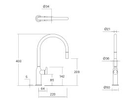 Technical Drawing - Faucet Strommen Vara Fin Gooseneck Pull Out Sink Mixer Tap 2 Function (4 Star) Lead Free