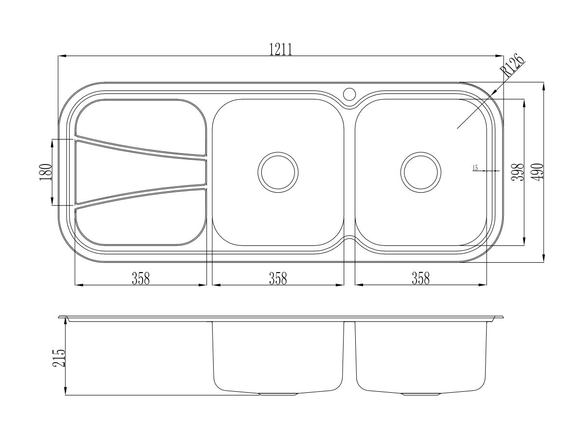 AFA Flow Double Bowl Undermount / Inset Sink Right Hand Bowl 1 Taphole with Quick-Fit Clips 1211 x 490mm Stainless Steel