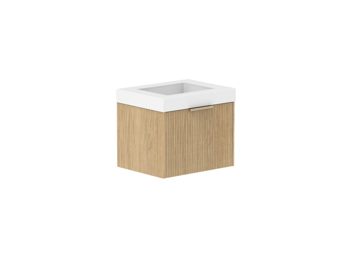 Supporting Image 2- Kado Neue Fluted Square All Drawer 600mm Wall Hung Vanity with Centre Basin 90mm Top Boston Oak