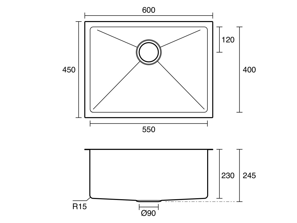 Technical Drawing - Memo Zenna Extended Single Bowl Sink