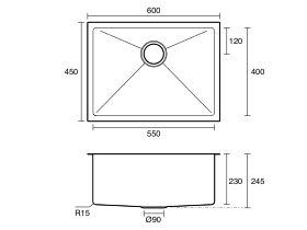 Technical Drawing - Memo Zenna Extended Single Bowl Sink