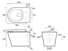 Technical Drawing - Kado Lux Wall Hung Rimless Plus Pan with Soft Close Quick Release Seat White (4 Star)