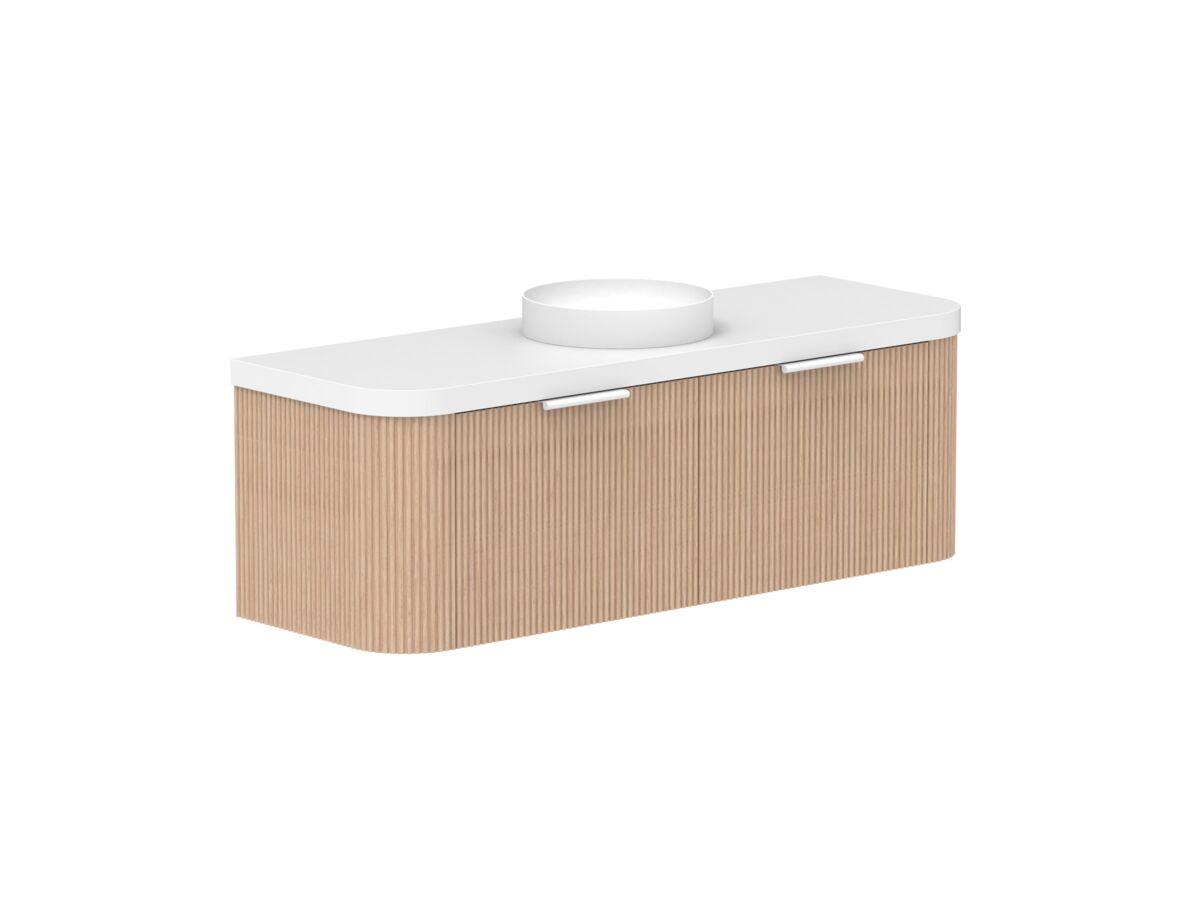Supporting Image 2- Kado Neue Fluted Double Curve All Drawer 1500mm Wall Hung Vanity with Centre Basin Durasein 50mm Top Blonde Oak