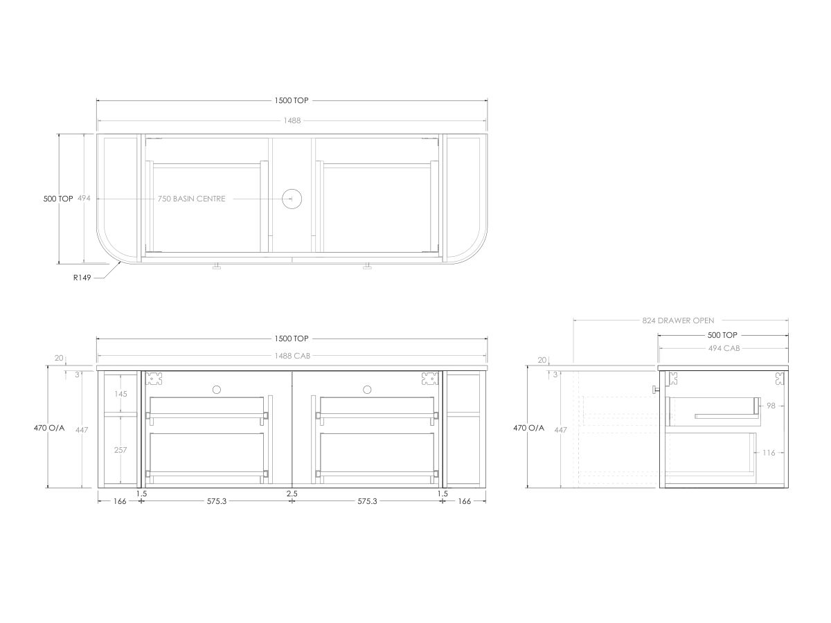 Technical Drawing - Kado Era Double Curve All Drawer 1500mm Wall Hung Vanity with Centre Basin 20mm Top
