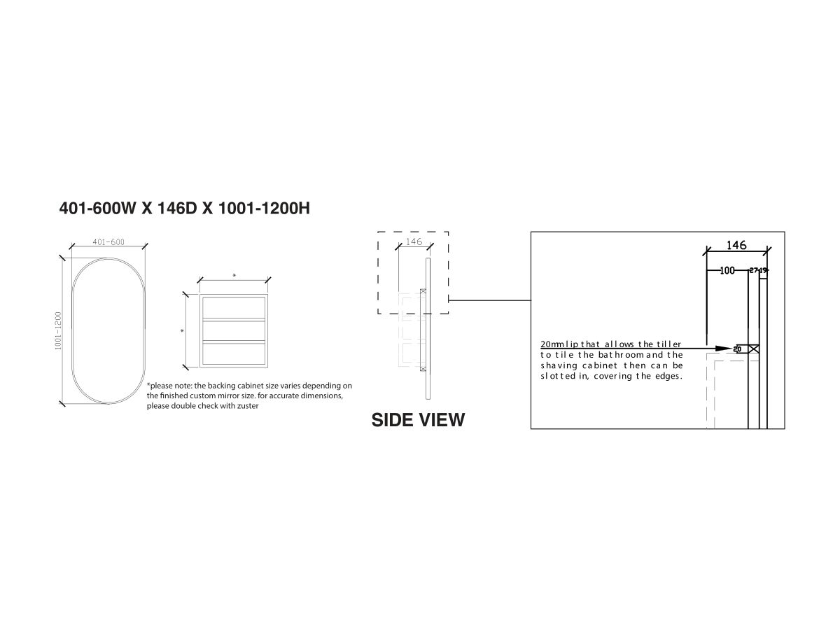 ISSY Blossom 401-600 x 1001-1200mm Mirror with Shaving Cabinet (Recessed)