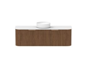Hero - Kado Neue Fluted Double Curve All Drawer 1500 Wall Hung Vanity with Centre Basin Durasein 12mm Top Florentine Walnut