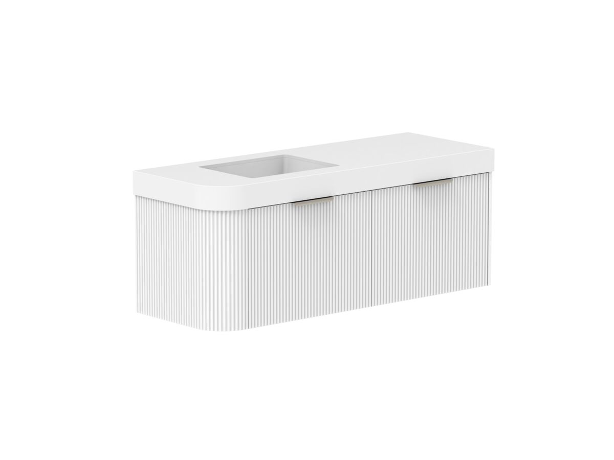 Supporting Image 2- Kado Neue Fluted Single Curve All Drawer 1350mm Wall Hung Vanity with Left Hand Basin Durasein 90mm Top Ultra White
