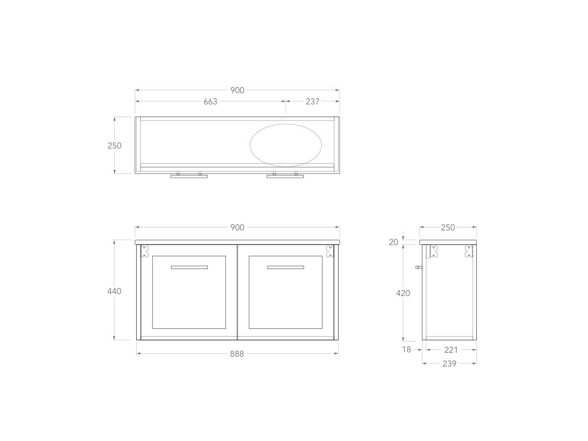 Technical Drawing - Kado Lux Petite 900mm Wall Hung Vanity Right Hand Basin 20mm Top