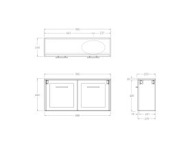 Technical Drawing - Kado Lux Petite 900mm Wall Hung Vanity Right Hand Basin 20mm Top