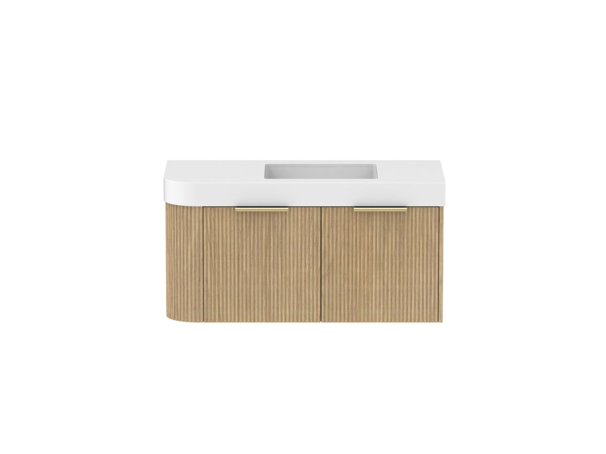 Supporting Image - Kado Neue Fluted Single Curve All Drawer 1050mm Wall Hung Vanity with Centre Basin Durasein 90mm Top Boston Oak