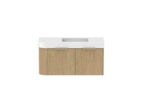 Supporting Image - Kado Neue Fluted Single Curve All Drawer 1050mm Wall Hung Vanity with Centre Basin Durasein 90mm Top Boston Oak