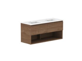 Supporting Image - Posh Domaine 1200mm Wall Hung Vanity Unit All-Drawer Open Shelf Double Bowl Matte White Ceramic Top