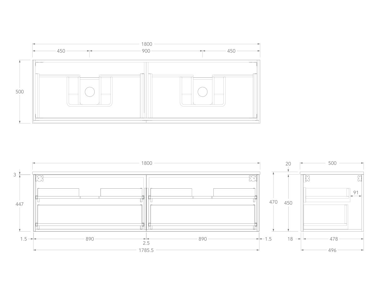 Technical Drawing - Kado Lux Slim All Drawer 1800mm Wall Hung Vanity with Double Basin 20mm Top