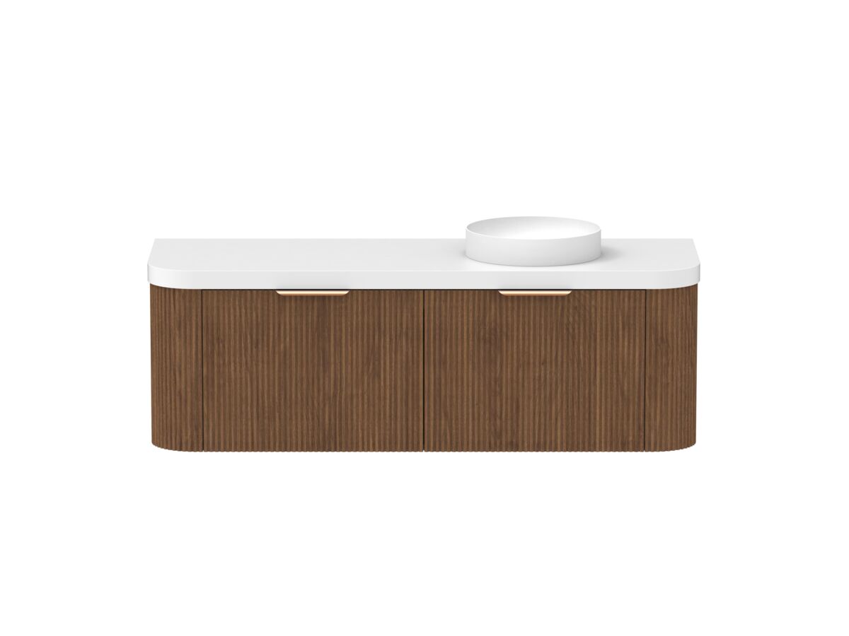 Hero - Kado Neue Fluted Double Curve All Drawer 1500mm Wall Hung Vanity with Right Hand Basin Durasein 50mm Top Florentine Walnut