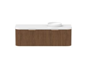 Hero - Kado Neue Fluted Double Curve All Drawer 1500mm Wall Hung Vanity with Right Hand Basin Durasein 50mm Top Florentine Walnut