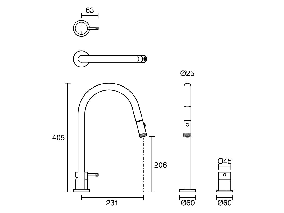 Technical Drawing - Sussex Scala Nova Hob Sink Mixer Set Pull Out Spray (5 Star) Lead Free