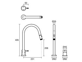Technical Drawing - Sussex Scala Nova Hob Sink Mixer Set Pull Out Spray (5 Star) Lead Free