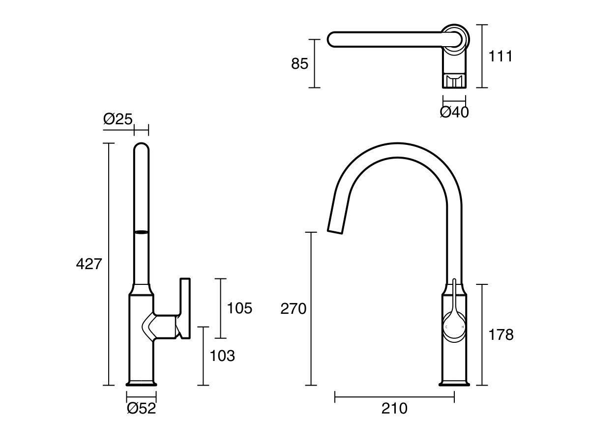 Technical Drawing - Milli Oria Sink Mixer Lead Free