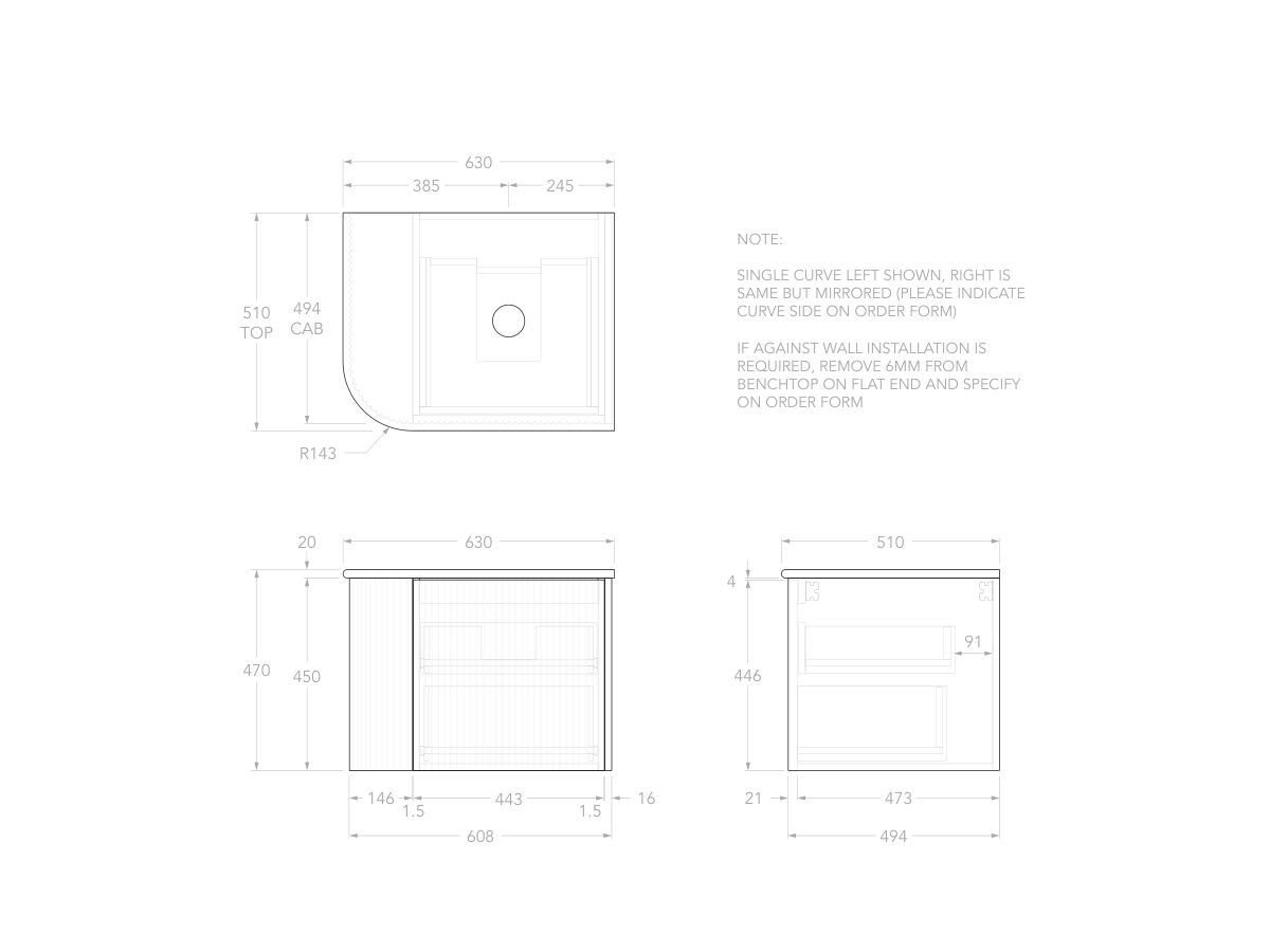 Technical Drawing - Kado Neue Fluted Single Curve All Drawer 600mm Wall Hung Vanity with Centre Basin 20mm Top