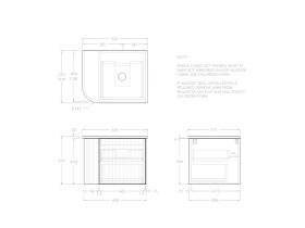 Technical Drawing - Kado Neue Fluted Single Curve All Drawer 600mm Wall Hung Vanity with Centre Basin 20mm Top