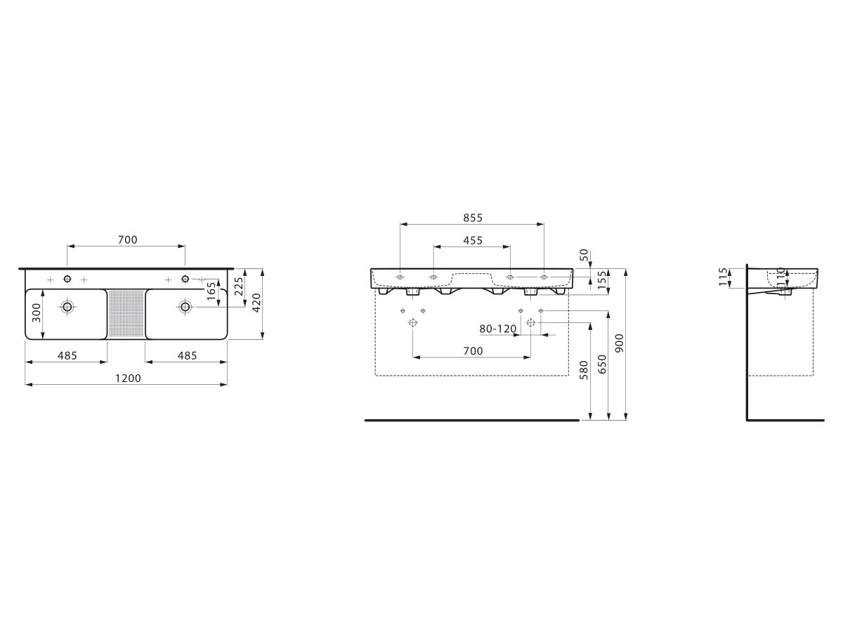 LAUFEN Val Double Wall Basin 2 Taphole with Overflow 1200x420 Internal Texture White