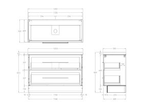 Technical Drawing - Kado Lux 1200mm All Drawer Floor Mounted Vanity Unit 2 Drawers Single Centre Vanity 50mm Top