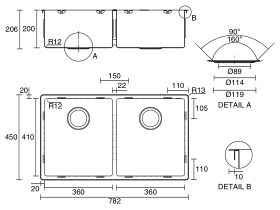 Franke Bow BXX220-36 Double Bowl Inset/ Undermount/ Flushmount Sink Only Stainless Steel