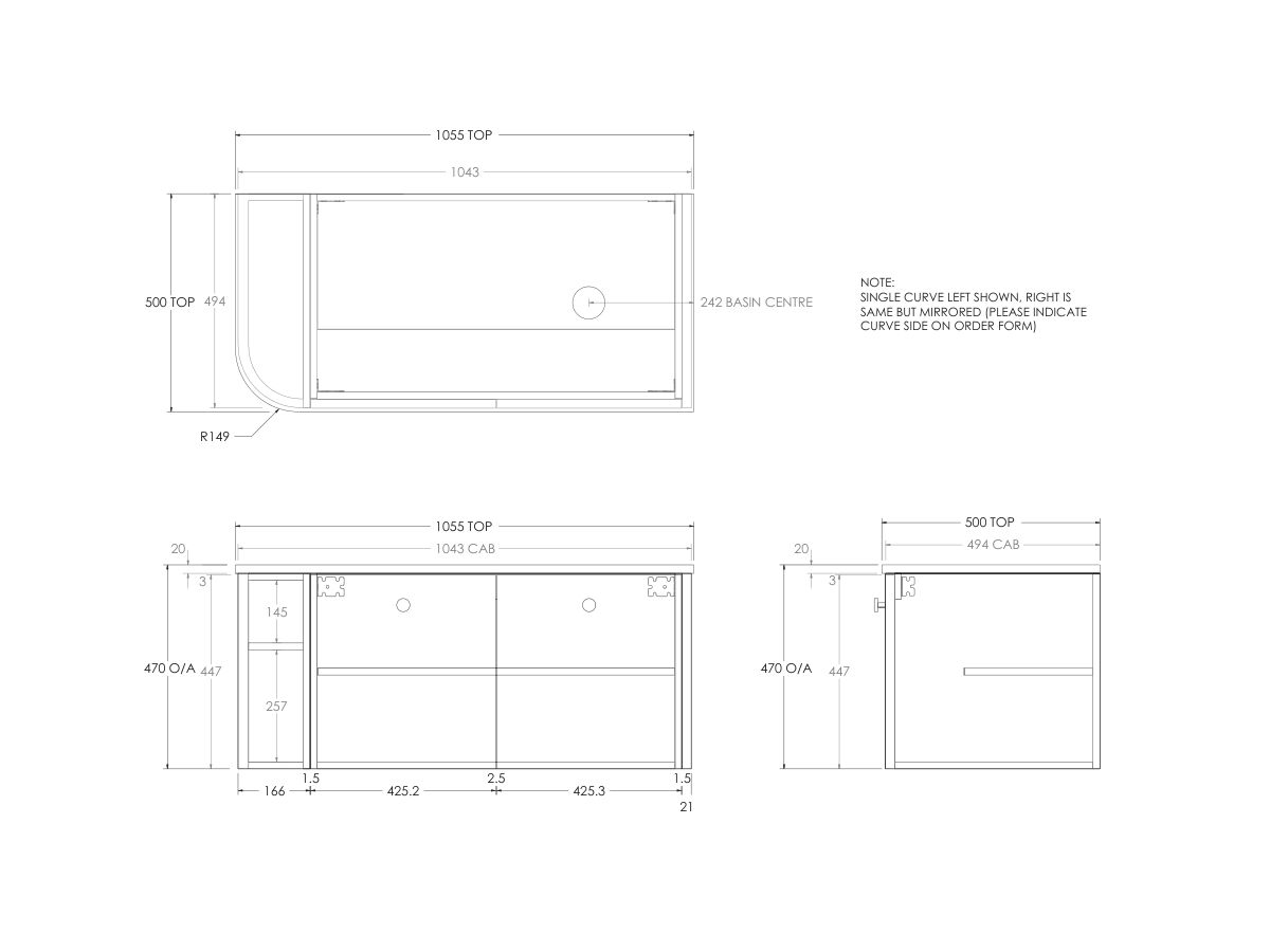 Technical Drawing - Kado Era Single Curve All Door 1050mm Wall Hung Vanity with Right Hand Basin 20mm Top