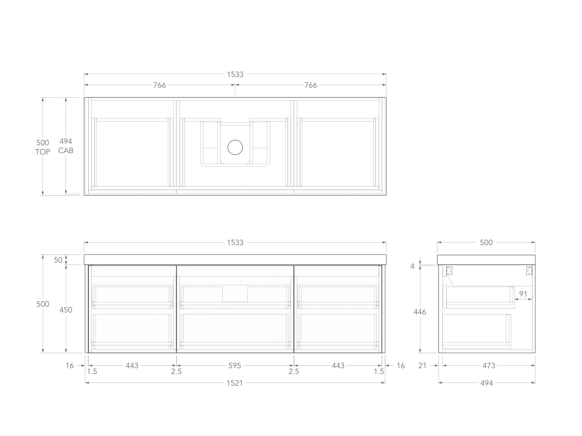 Technical Drawing - Kado Neue Fluted Square All Drawer 1500mm Wall Hung Vanity with Centre Basin 50mm Top